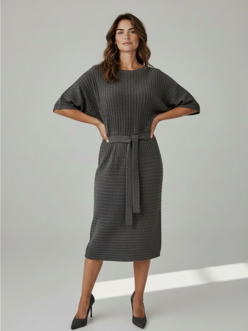 London Times Charcoal Ribbed Belted Crewneck Sweater Dress